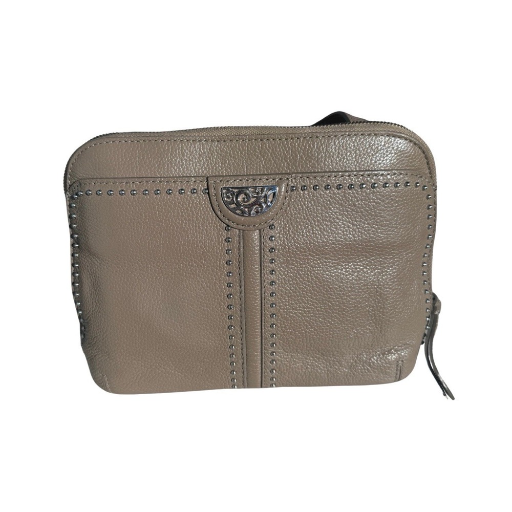 Brighton Taupe Studded Crossbody Bag - Heart Charm, Zip Closure, Solid Pattern